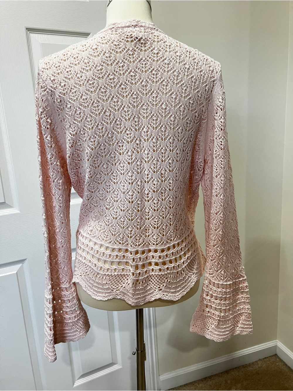 Crochet Bell Sleeve Sweater Front Tie Closure Light Pink Size Large Cotton Knit - Picture 3 of 12